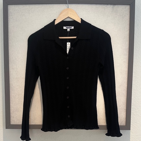 Madewell Black Ruffle Trim Pointelle Cardigan - Picture 3 of 8